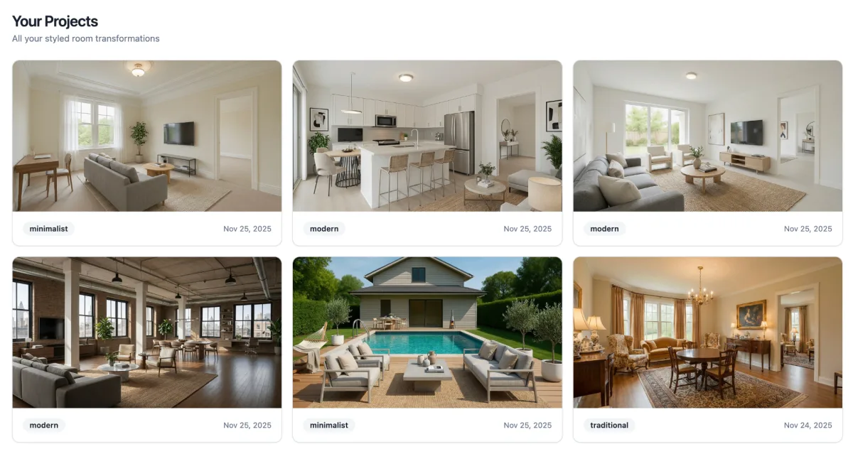 The Style Smarter dashboard listing previously styled room projects
