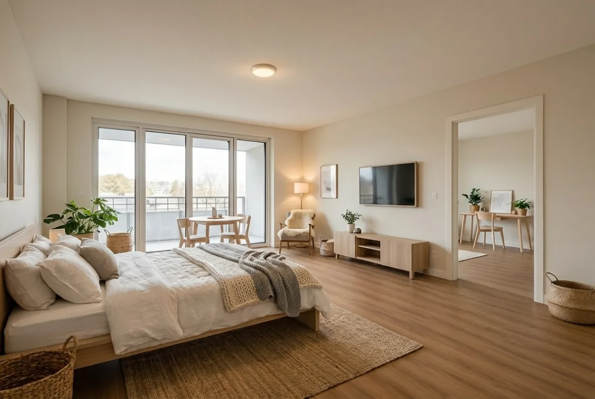 Bedroom virtually staged in Scandinavian style